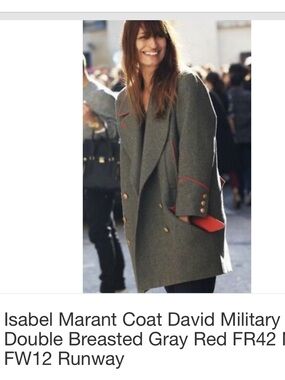 Isabel Marant Olive-Gray Double-Breasted Pea Coat with Red Trim